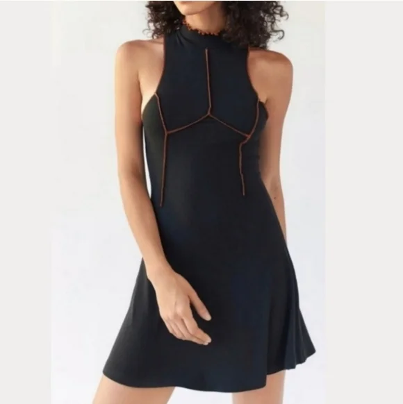 Urban Outfitters Deja Black Halter Mock Neck Ribbed Exposed Seamed Mini Dress - Picture 1 of 10